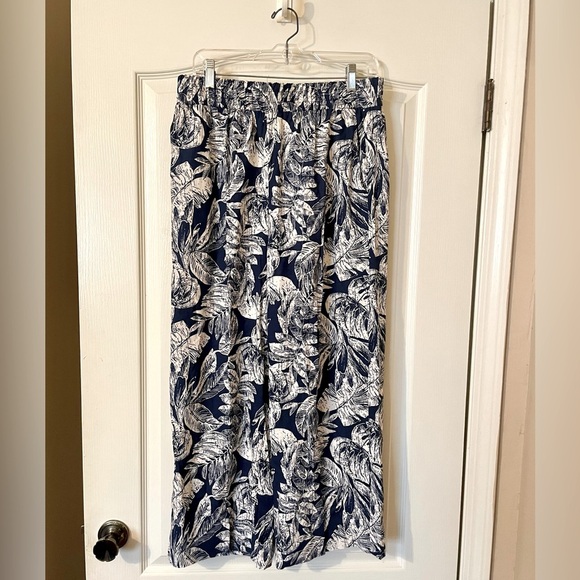 Panama Jack Navy Blue Floral Tropical Wide Leg Linen Blend Pant Size L Pull On - Picture 1 of 9